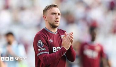 West Ham United forward Jarrod Bowen applauding the fans at the end of the match after his side's relegation from the Premier League was confirmed.