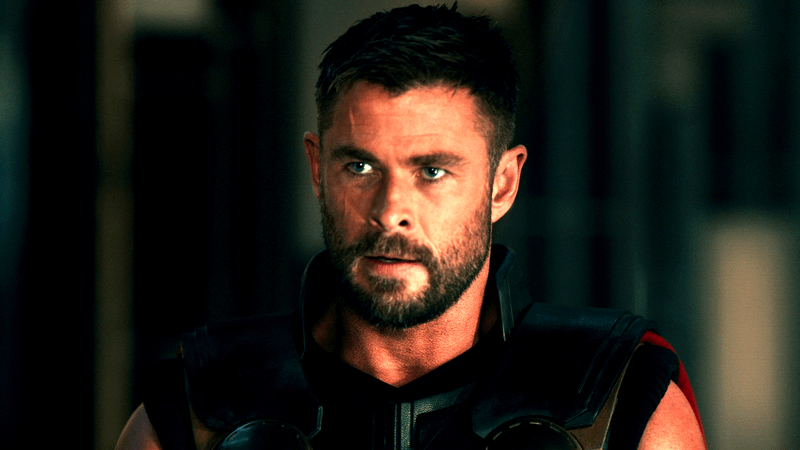 Thor with a look of surprise on his face as he spots Steve Rogers.