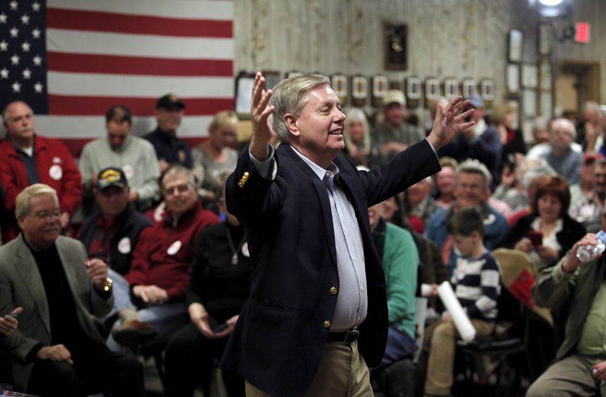 Sen. Lindsey Graham stumps for U.S. Republican presidential candidate and former Florida Governor Jeb Bush during a town hall meeting at VFW Post #10420 in Murrells Inlet, South Carolina, on February 10, 2016.