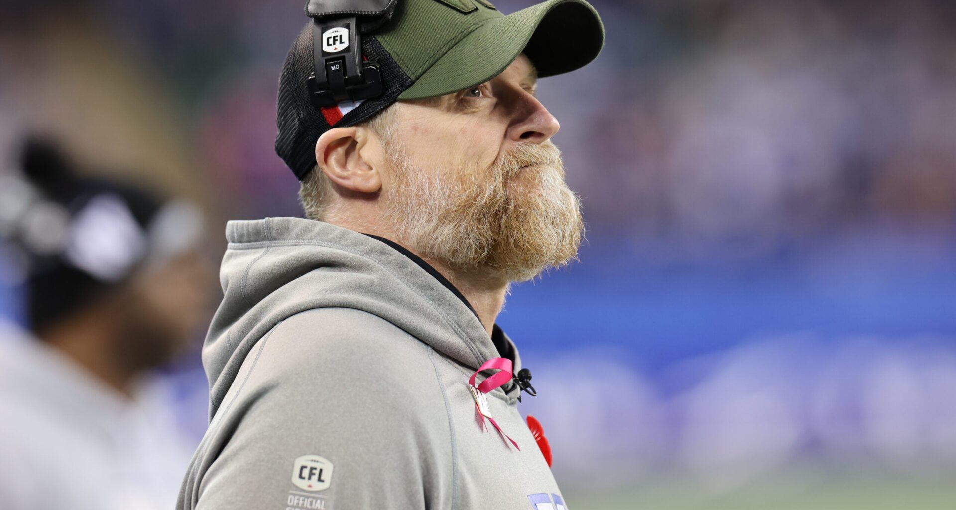 Nov 9, 2024; Winnipeg, Manitoba, CAN; Winnipeg Blue Bombers head coach Mike O'Shea watches the play during the first half of the game between the Winnipeg Blue Bombers and the Saskatchewan Roughriders at Princess Auto Stadium.
