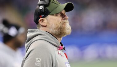 Nov 9, 2024; Winnipeg, Manitoba, CAN; Winnipeg Blue Bombers head coach Mike O'Shea watches the play during the first half of the game between the Winnipeg Blue Bombers and the Saskatchewan Roughriders at Princess Auto Stadium.