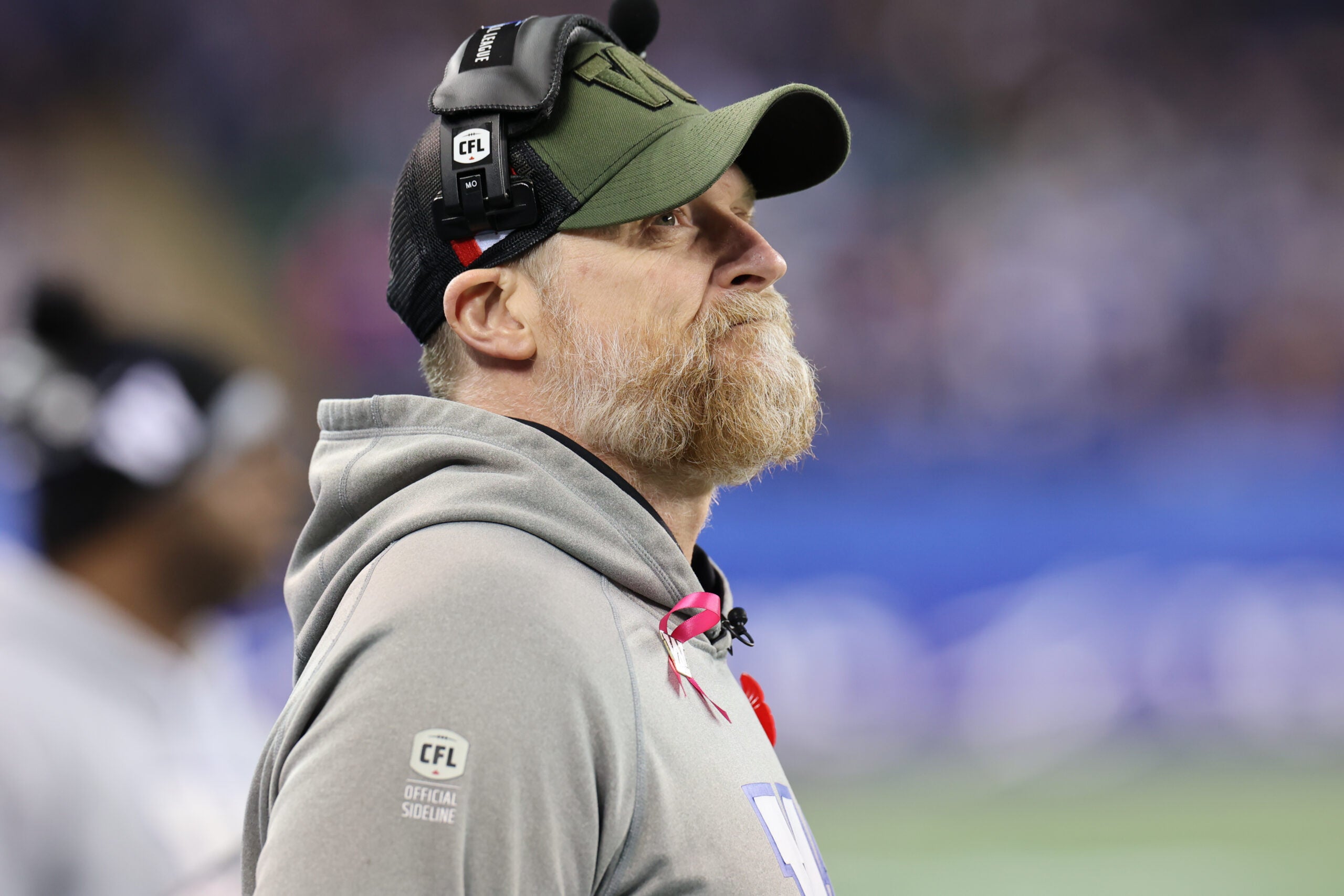 Nov 9, 2024; Winnipeg, Manitoba, CAN; Winnipeg Blue Bombers head coach Mike O'Shea watches the play during the first half of the game between the Winnipeg Blue Bombers and the Saskatchewan Roughriders at Princess Auto Stadium.