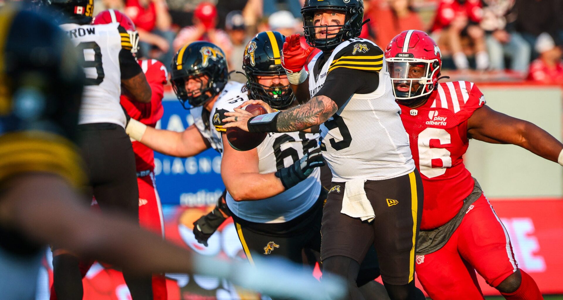 Jun 7, 2025; Calgary, Alberta, Canada; Hamilton Tiger-Cats quarterback Bo Levi Mitchell (19) looks to pass against the Calgary Stampeders during the second half at McMahon Stadium.