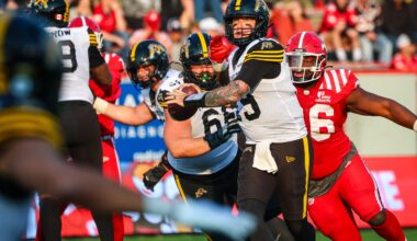 Jun 7, 2025; Calgary, Alberta, Canada; Hamilton Tiger-Cats quarterback Bo Levi Mitchell (19) looks to pass against the Calgary Stampeders during the second half at McMahon Stadium.
