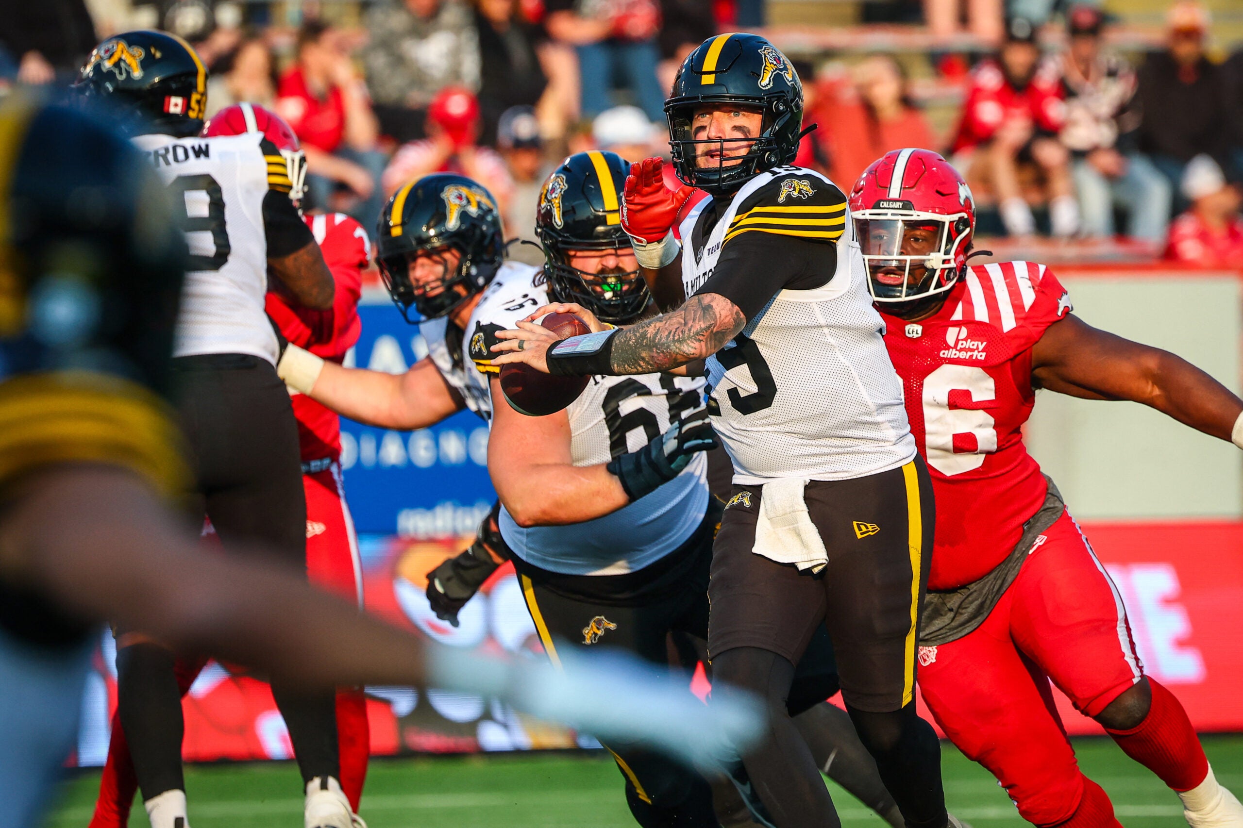 Jun 7, 2025; Calgary, Alberta, Canada; Hamilton Tiger-Cats quarterback Bo Levi Mitchell (19) looks to pass against the Calgary Stampeders during the second half at McMahon Stadium.