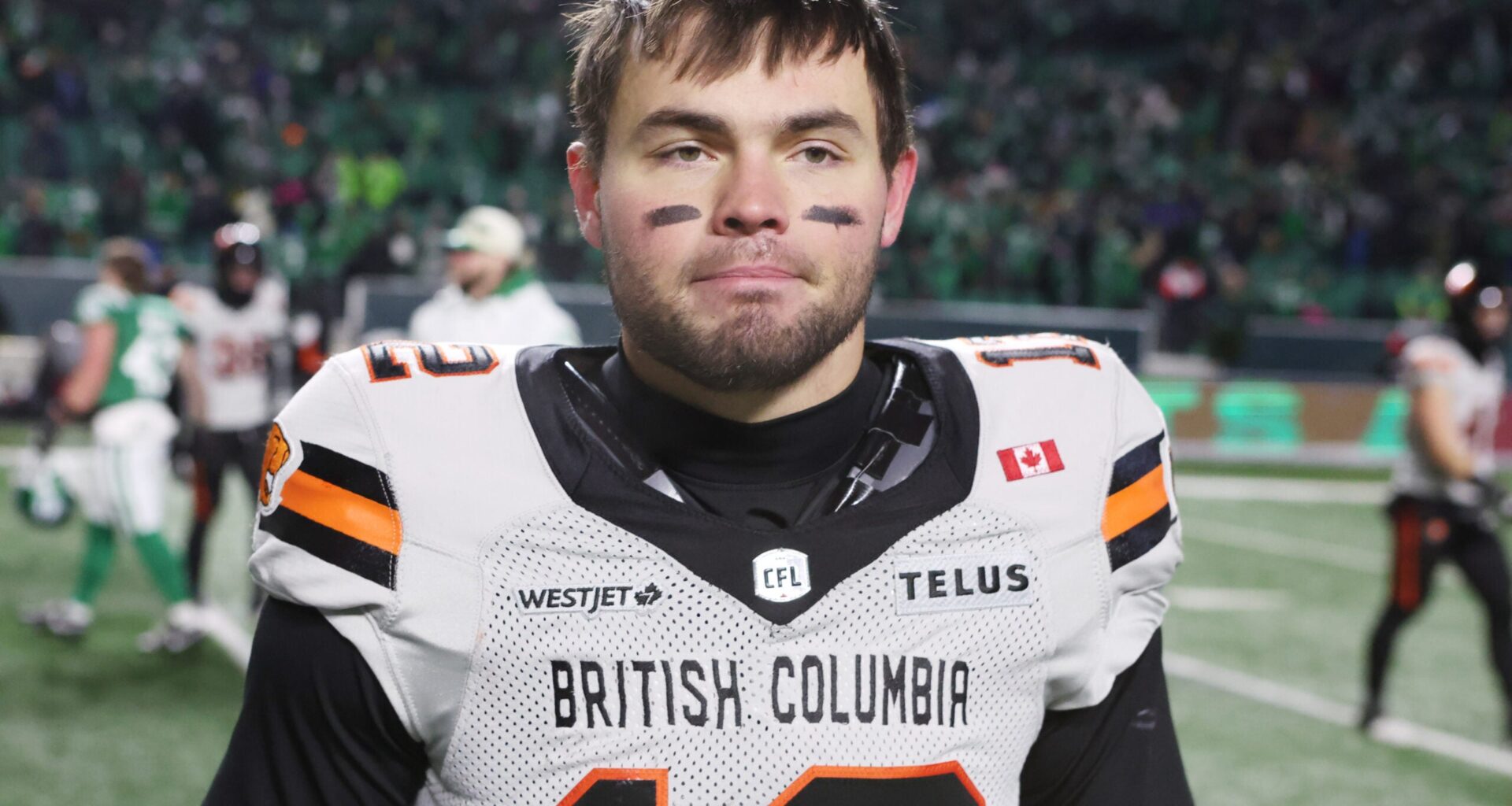 Nov 8, 2025; Regina, Saskatchewan, Canada; BC Lions quarterback Nathan Rourke (12) reacts after the game during the CFL Western Conference Final between the BC Lions and the Saskatchewan Roughriders at Mosaic Stadium. Roughriders win 24-21 over the Lions.