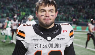 Nov 8, 2025; Regina, Saskatchewan, Canada; BC Lions quarterback Nathan Rourke (12) reacts after the game during the CFL Western Conference Final between the BC Lions and the Saskatchewan Roughriders at Mosaic Stadium. Roughriders win 24-21 over the Lions.