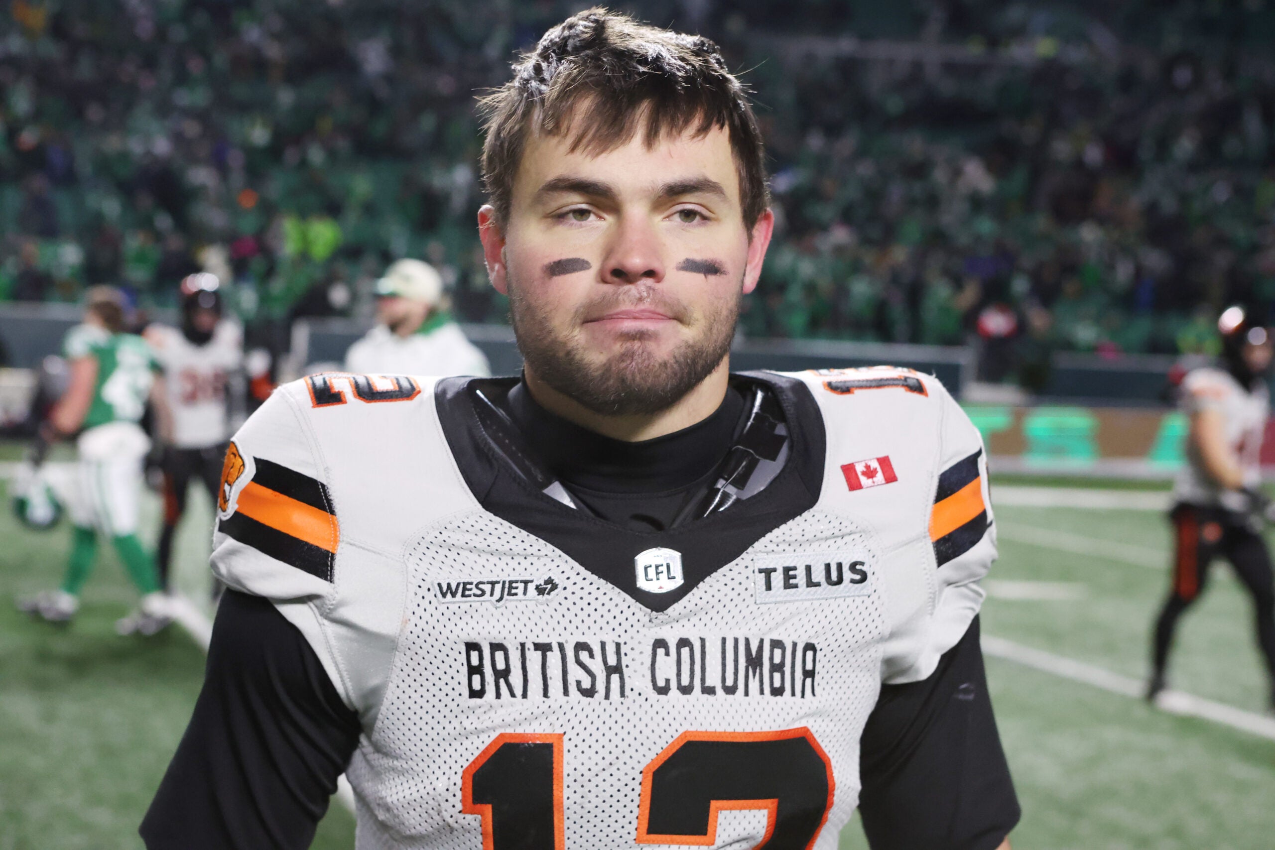 Nov 8, 2025; Regina, Saskatchewan, Canada; BC Lions quarterback Nathan Rourke (12) reacts after the game during the CFL Western Conference Final between the BC Lions and the Saskatchewan Roughriders at Mosaic Stadium. Roughriders win 24-21 over the Lions.