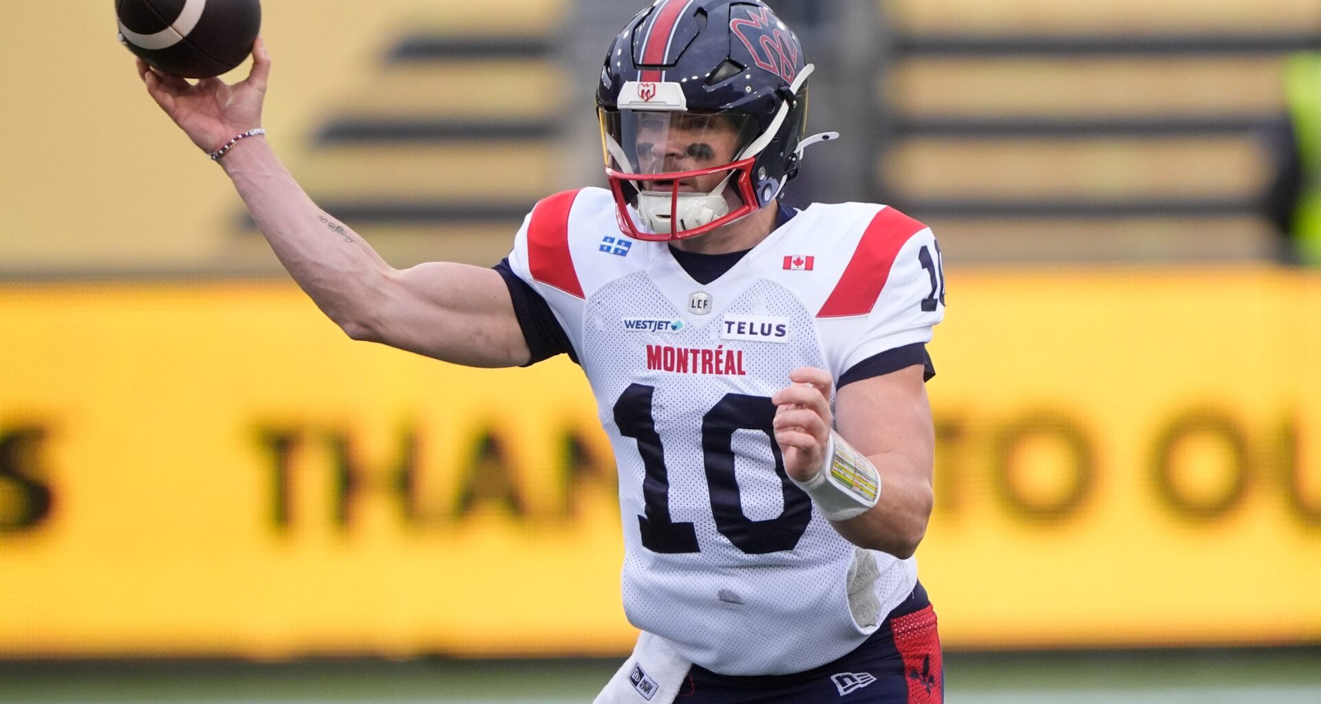 Nov 8, 2025; Hamilton, Ontario, Canada; Montreal Alouettes quarterback Davis Alexander (10) throws a pass against the Hamilton Tiger-Cats in the Eastern Final at Hamilton Stadium.