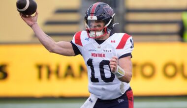 Nov 8, 2025; Hamilton, Ontario, Canada; Montreal Alouettes quarterback Davis Alexander (10) throws a pass against the Hamilton Tiger-Cats in the Eastern Final at Hamilton Stadium.