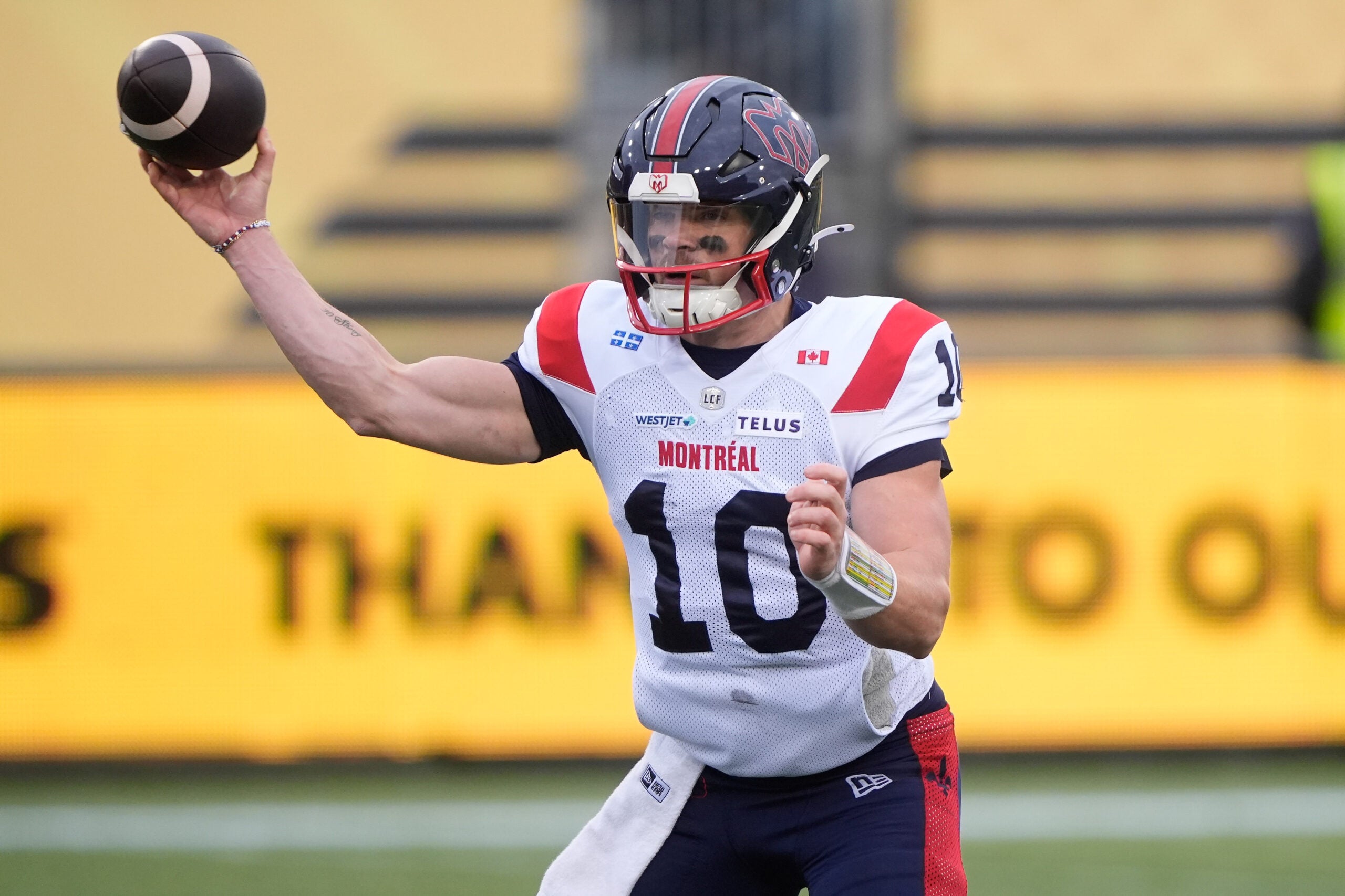 Nov 8, 2025; Hamilton, Ontario, Canada; Montreal Alouettes quarterback Davis Alexander (10) throws a pass against the Hamilton Tiger-Cats in the Eastern Final at Hamilton Stadium.