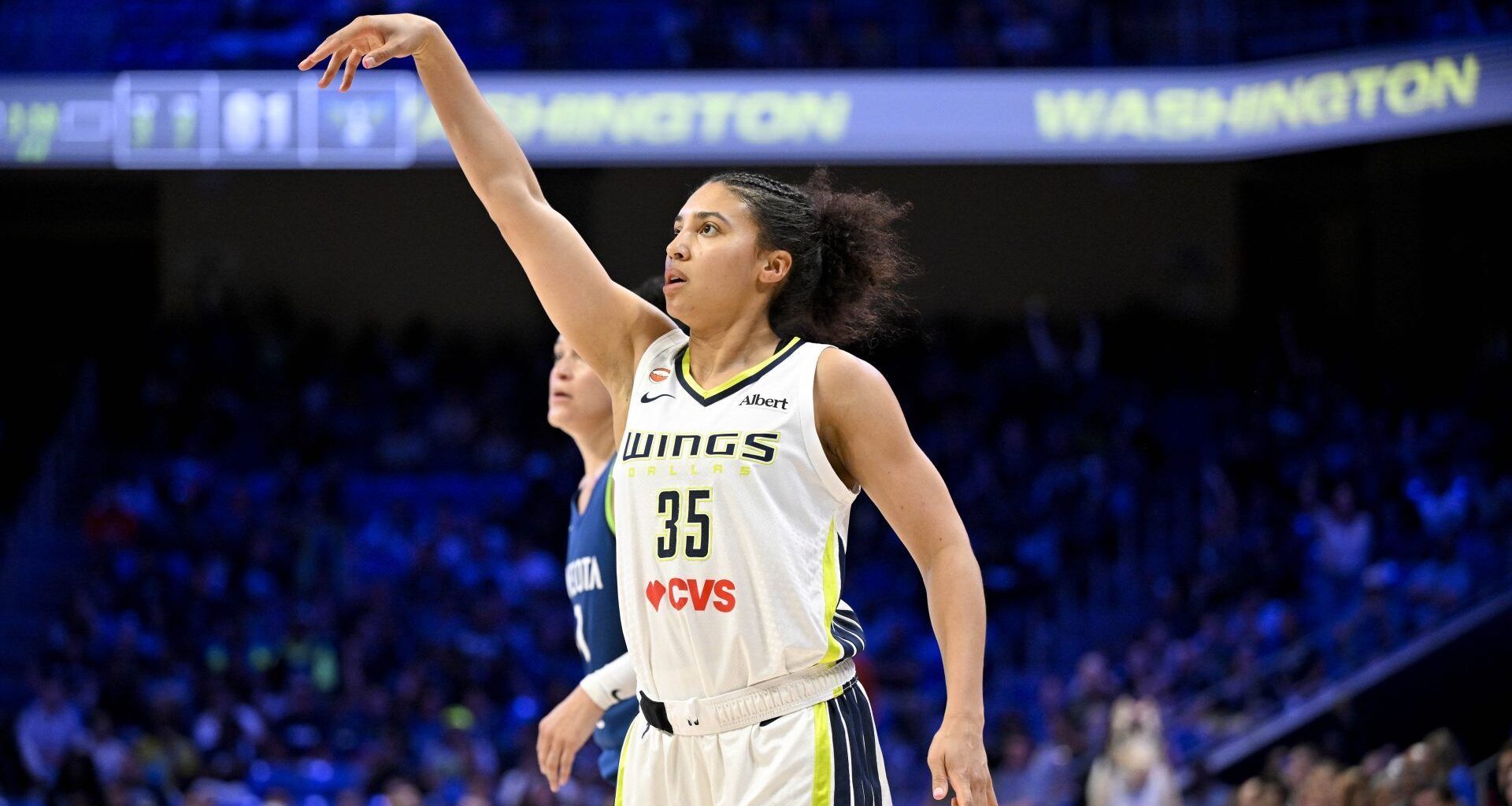 May 14, 2026; Arlington, Texas, USA; Dallas Wings guard Azzi Fudd (35) follows through on a jump shot against the Minnesota Lynx during the second half at College Park Center.