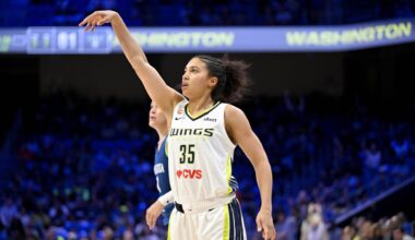 May 14, 2026; Arlington, Texas, USA; Dallas Wings guard Azzi Fudd (35) follows through on a jump shot against the Minnesota Lynx during the second half at College Park Center.