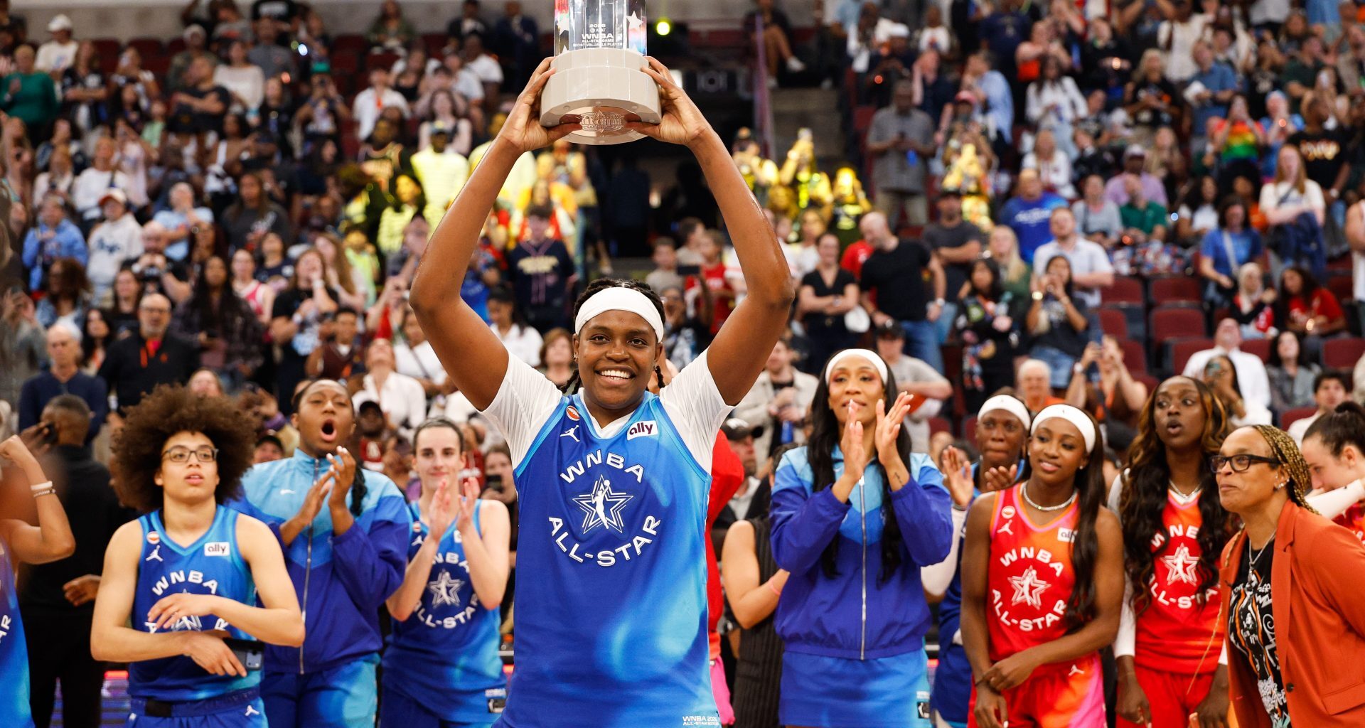 Jul 25, 2026; Chicago, Illinois, USA; Team Spoon center Jonquel Jones (35) holds the All Star MVP trophy during the 2026 WNBA All Star Game at United Center.