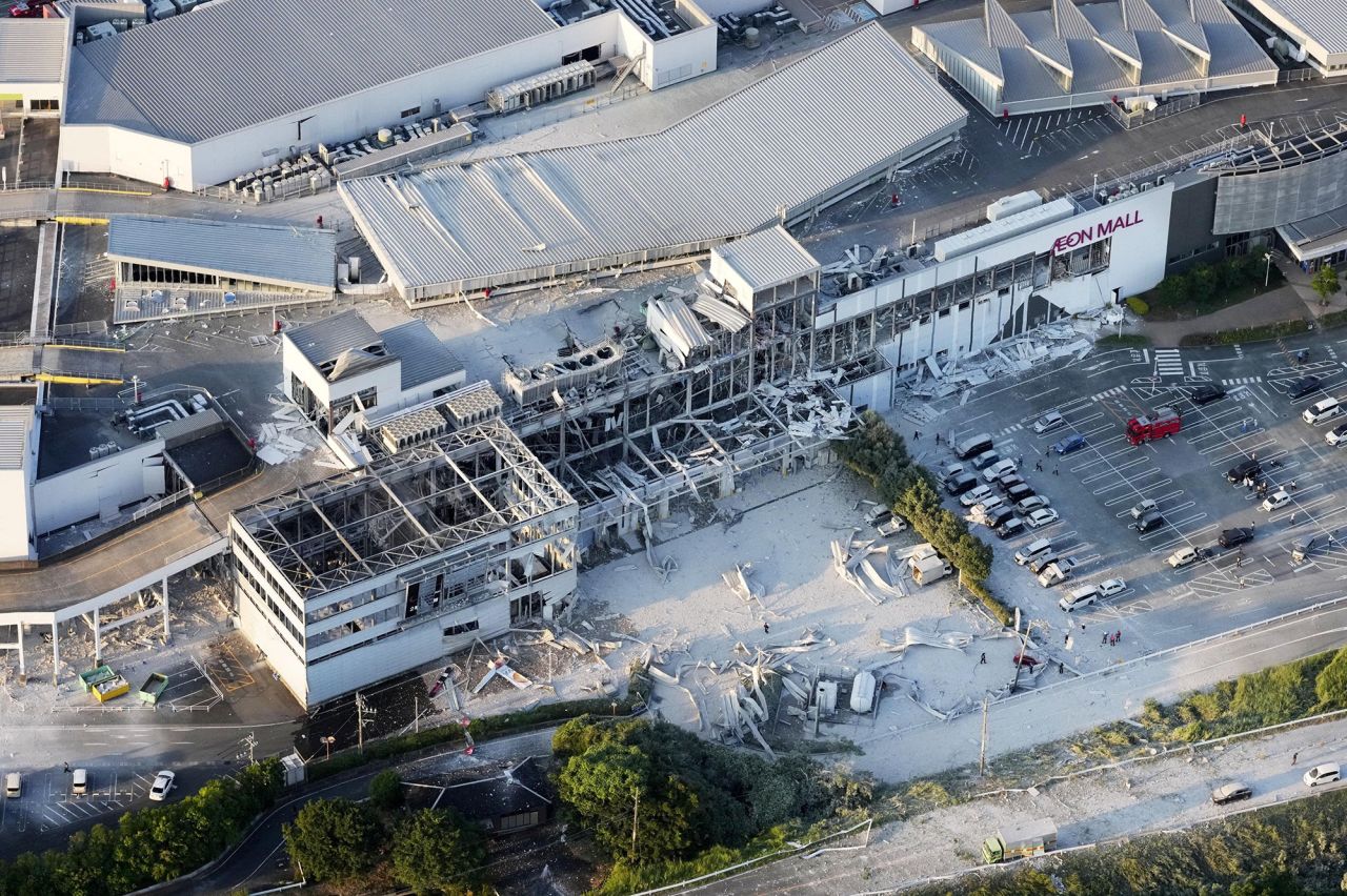 An aerial view shows the damaged Aeon Mall shopping centre after an explosion which occured after an earthquake with a preliminary magnitude of 7.1 struck Japan's southern Kumamoto prefecture, on Tuesday.