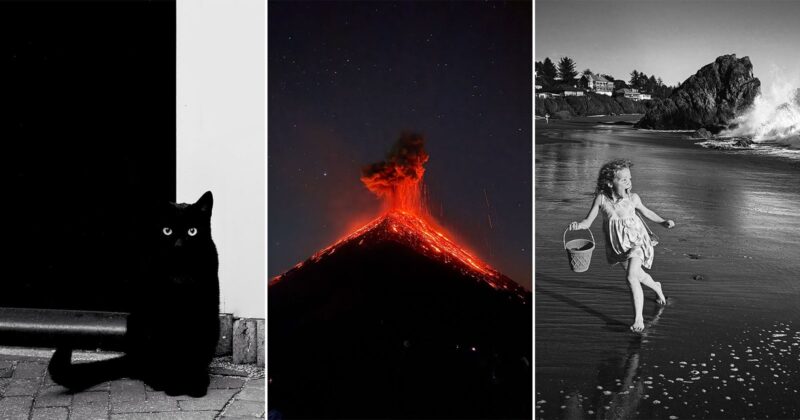 A three-part image: a black cat sits against a black and white background, a volcano erupts at night with glowing lava, and a young girl runs barefoot on a beach carrying a bucket with waves crashing nearby.