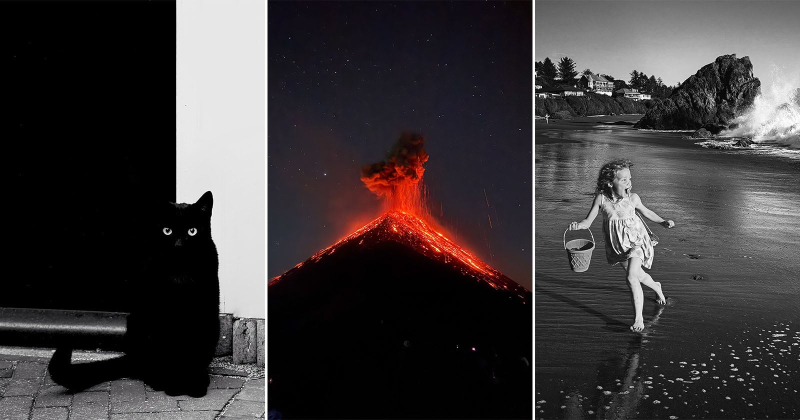 A three-part image: a black cat sits against a black and white background, a volcano erupts at night with glowing lava, and a young girl runs barefoot on a beach carrying a bucket with waves crashing nearby.