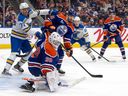 The Edmonton Oilers' goalie Connor Ingram (39) makes a save against the St. Louis Blues during second period NHL action at Rogers Place in Edmonton, Sunday Jan. 18, 2026.