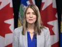 Premier Danielle Smith is seen at a press conference in March. The Smith government is changing assistance to people with severe handicaps that may see recipients lose income which has remained stagnant for years, while MLAs have enjoyed annual raises.