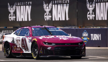 Texas A&M branded George H.W. Bush tribute vehicle driving on the NASCAR track at the Anduril 250 race