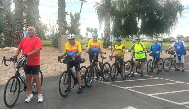 Mike Novak rides a regular bicycle, while Jim Panel, Dave Sayre, Debbie Dorn and Dominick Gagliano ride e-bikes. George Toro is also pictured with an e-bike. This group was riding on a Thursday morning and are called &ldquo;Sun City West Sun-Up Sweaters&rdquo;.
