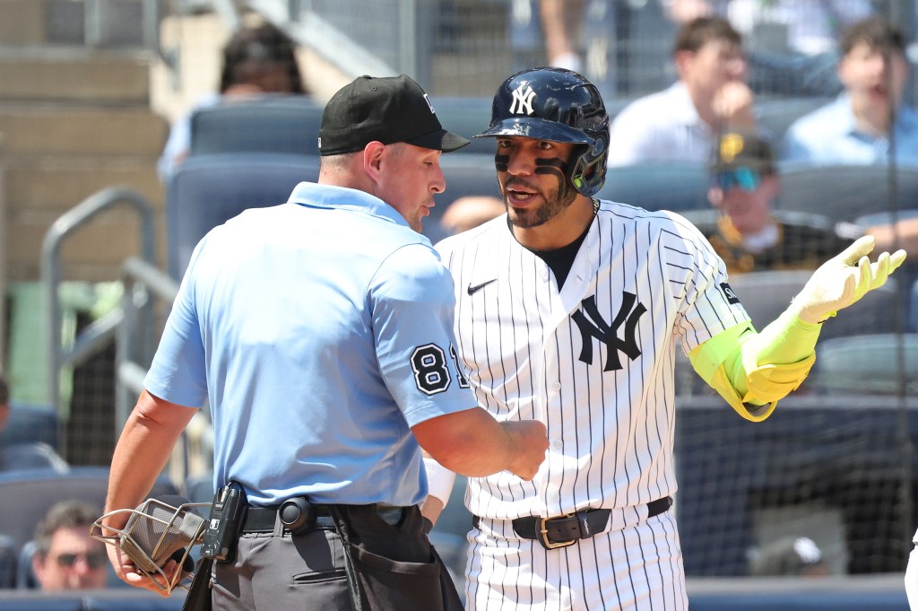 New York Yankees shortstop José Caballero (72) reacts after he is called out on strikes during the sixth inning when the New York Yankees played the Pittsburgh Pirates in game one of a doubleheader Wednesday, July 22, 2026 at Yankee Stadium in the Bronx, NY. 