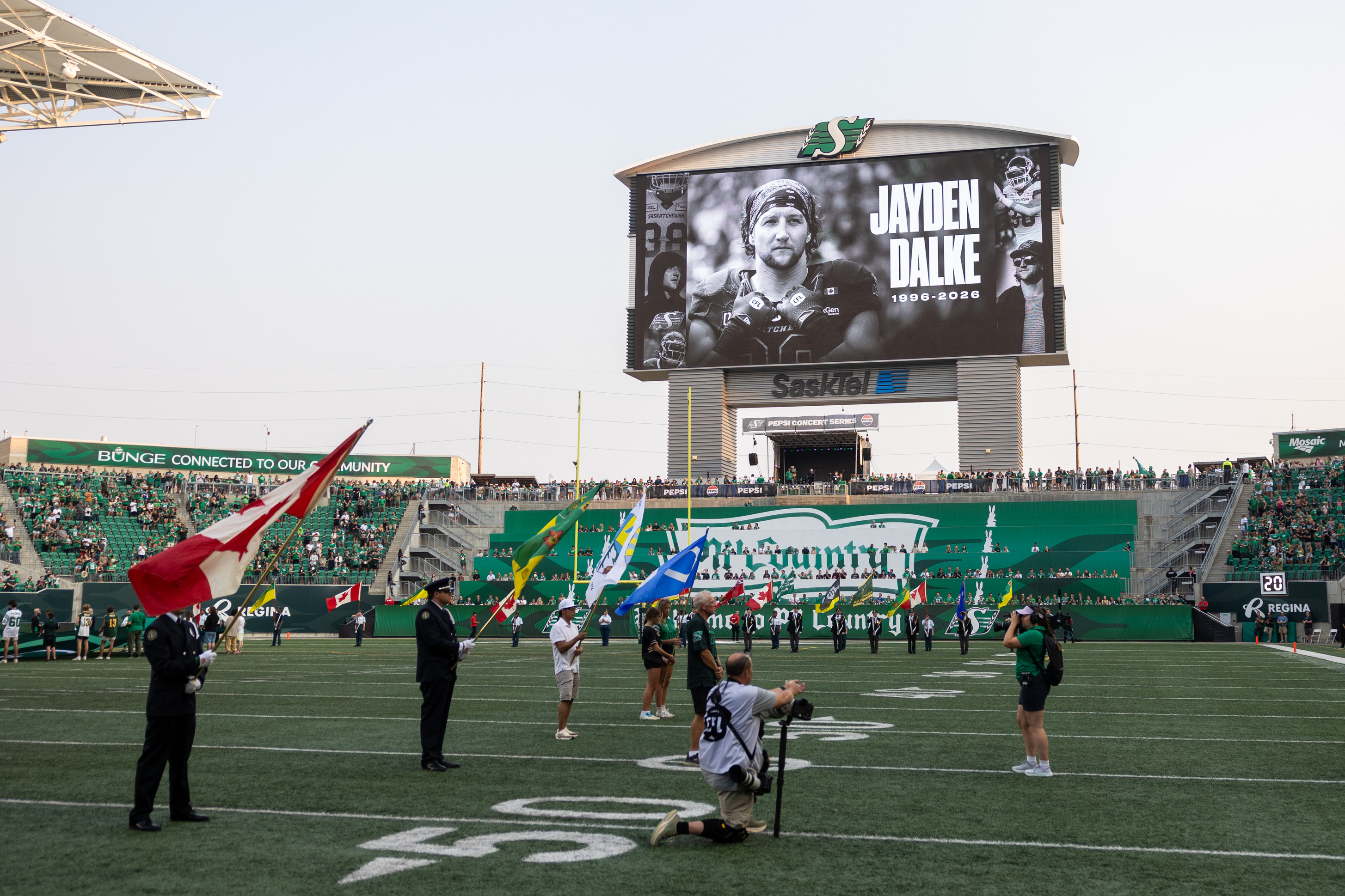 A video paying tribute to Jayden Dalke is played before CFL football action at Mosaic Stadium in Regina, on Thursday, July 23, 2026. Jayden Dalke died in a collision on Highway 11 on Sunday. (Regina Leader-Post/Heywood Yu)