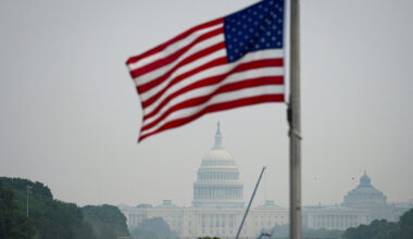 The United States Capitol and the US flag in smoky conditions due to the Canadian wildfires in Washington, D.C., the US, on July 17, 2026.