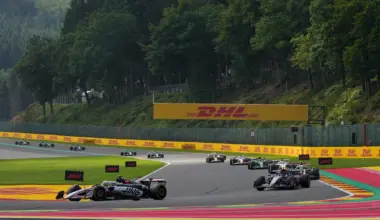 SPA, BELGIUM - AUGUST 28: A general view of the start of the race as cars make their way up Eau