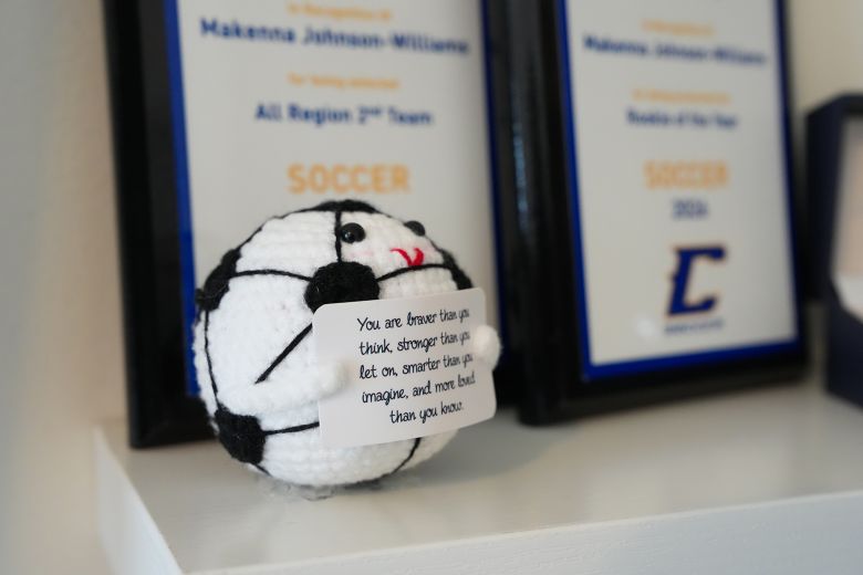 A soccer ball toy is seen in Makenna Johnson’s room in Duluth, Georgia, on May 27, 2026. 