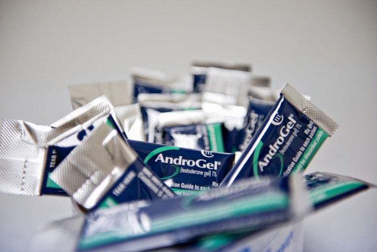AndroGel testosterone gel is displayed for photograph at a pharmacy.