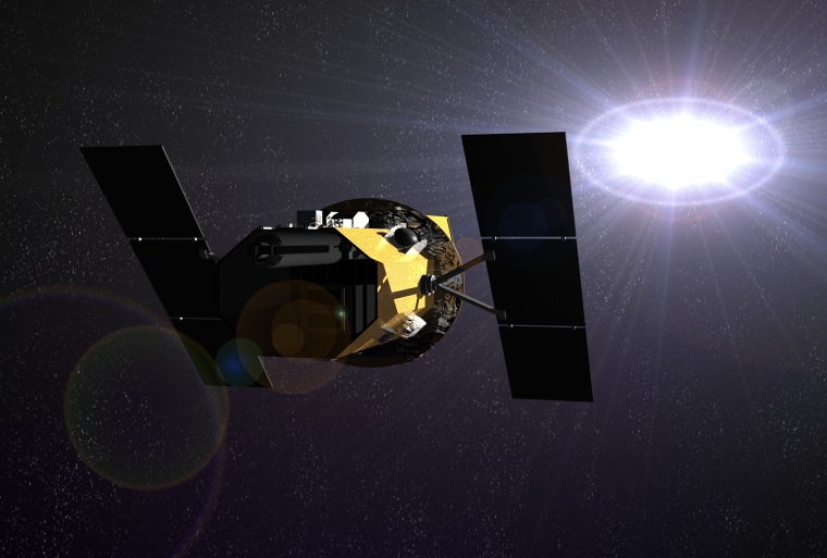 A digital rendering of a satellite in outer space.
