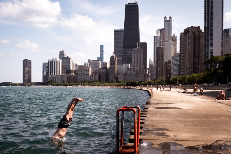People cool off along the lakefront as temperatures topped 90 degrees on June 29, 2026 in Chicago, Illinois.