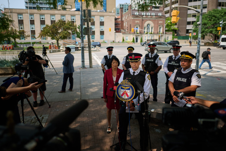 Toronto Police Deputy Chief Frank Barredo speaks to media after a shot was fired at the U.S. Consulate in Toronto.