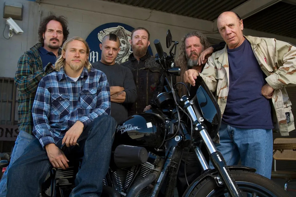 Kim Coates, Charlie Hunnam, Theo Rossi, Ryan Hurst, Mark Boone Junior and Dayton Callie in Sons of Anarchy.Credit: Don Kelsen/Los Angeles Times via Getty