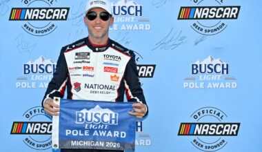 Credit: #11: Denny Hamlin, Joe Gibbs Racing, National Debt Relief Toyota Camry, Pole award