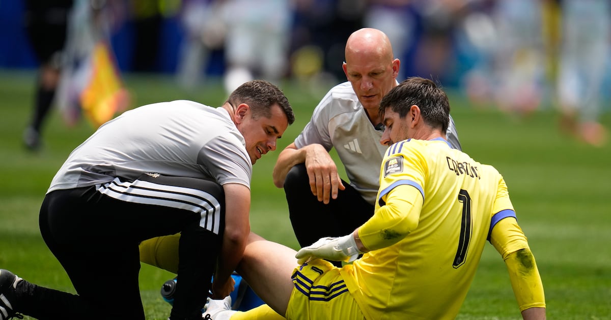 Injury forces Thibaut Courtois off before Spain’s winning goal