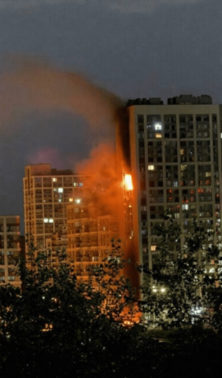 Aftermath of a reported Russian Shahed drone strike on a residential high-rise in Kyiv, July 6, 2026.
