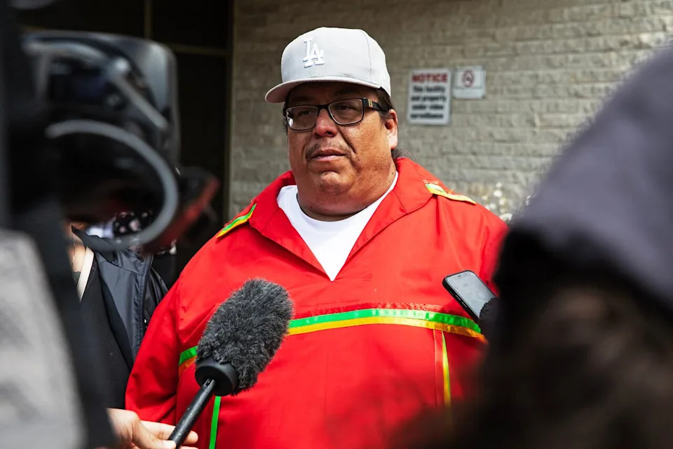 Norman Lagimodiere, father of Kiana Everett, speaks to reporters at a rally outside Winnipeg Remand Centre on Monday, July 6, 2026.