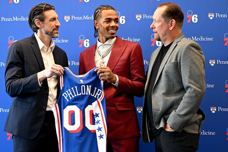 The Sixers have been busy this offseason, with Mike Gansey trading for Jaylen Brown and drafting Labaron Philon Jr. (center) in the first round of the NBA draft.