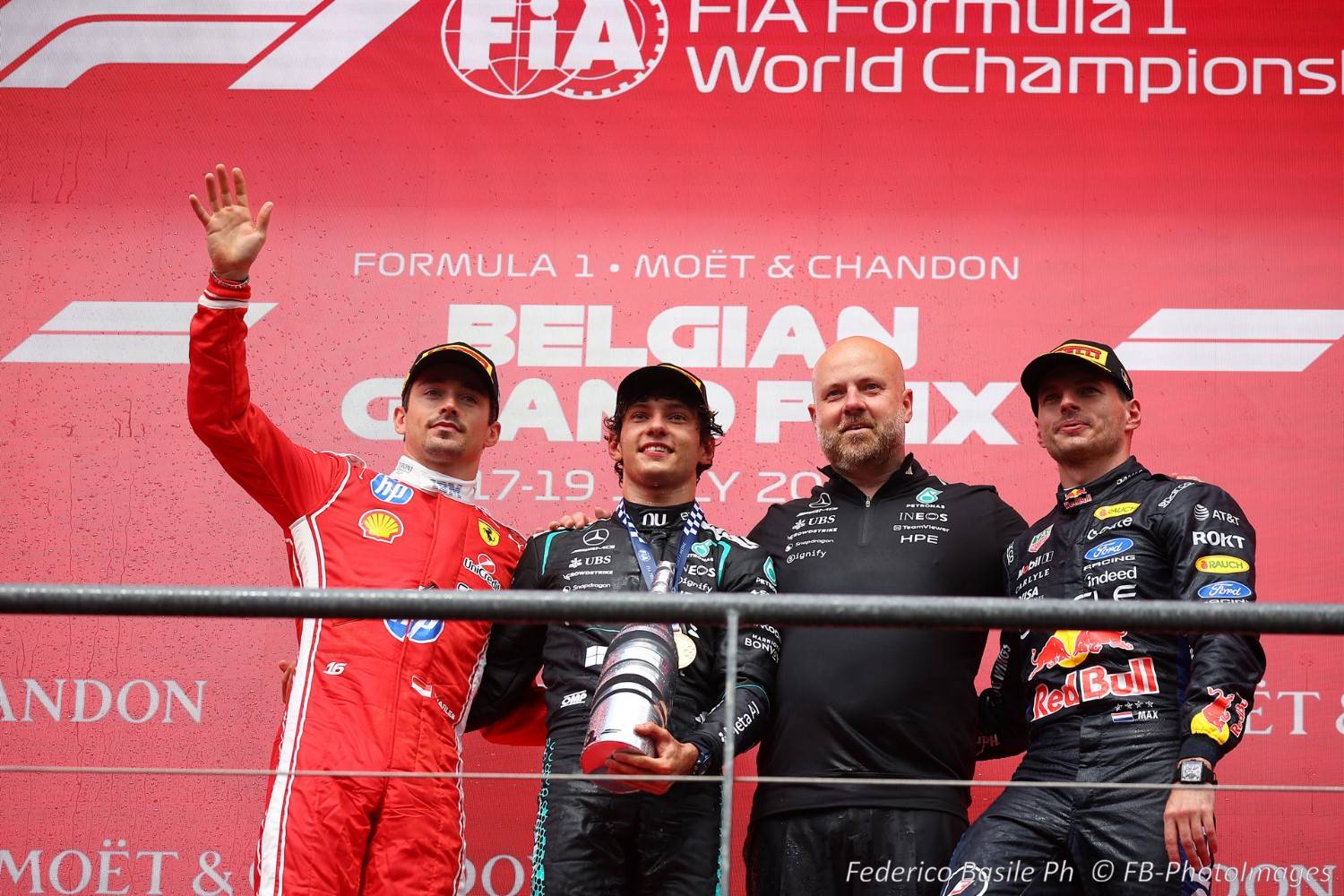 Podium of the Belgian GP 2026: Kimi Antonelli wins in front of Charles Leclerc and Max Verstappen Spa-Francorchamps 16-19 July 2026, Formula 1 World championship 2026.
