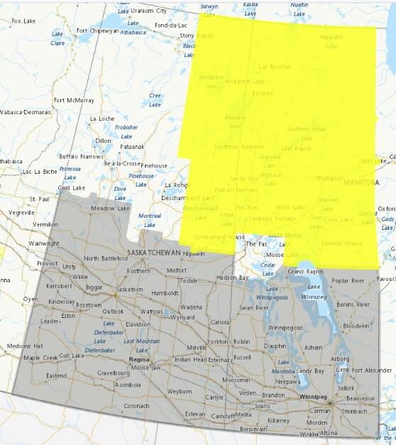 Map showing what regions of Saskatchewan and Manitoba will be hit by heat wave.