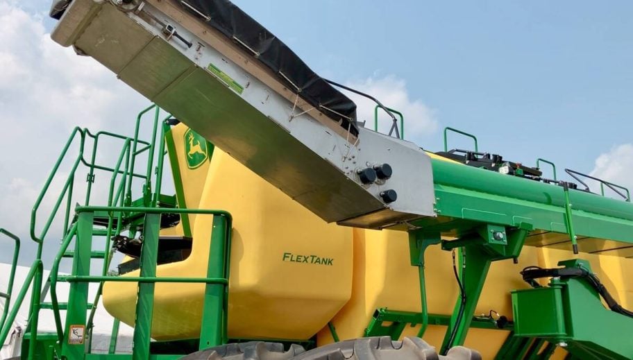 The stainless steel hopper and wider conveyance tube on John Deere’s new C1450T air cart. Photo: John Deere