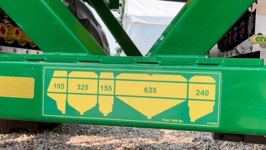 A decal on the frame shows the tank capacities of the five tanks on John Deere’s C1450T air cart. Photo: Greg Berg