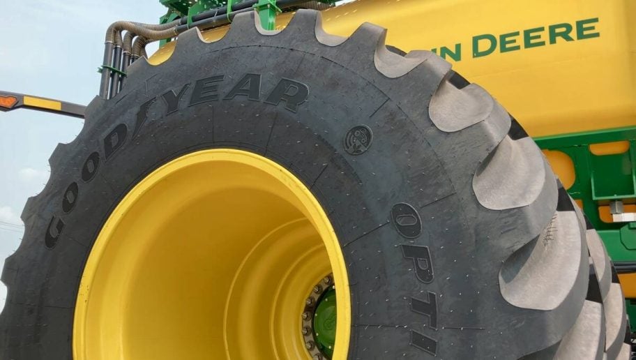 Deere’s C1450T air cart comes with a high flotation package of eight Goodyear 1100LSW tires to spread out the weight of the big air cart and help reduce compaction. Photo: Greg Berg