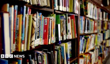 Books are crowded on a shelf.