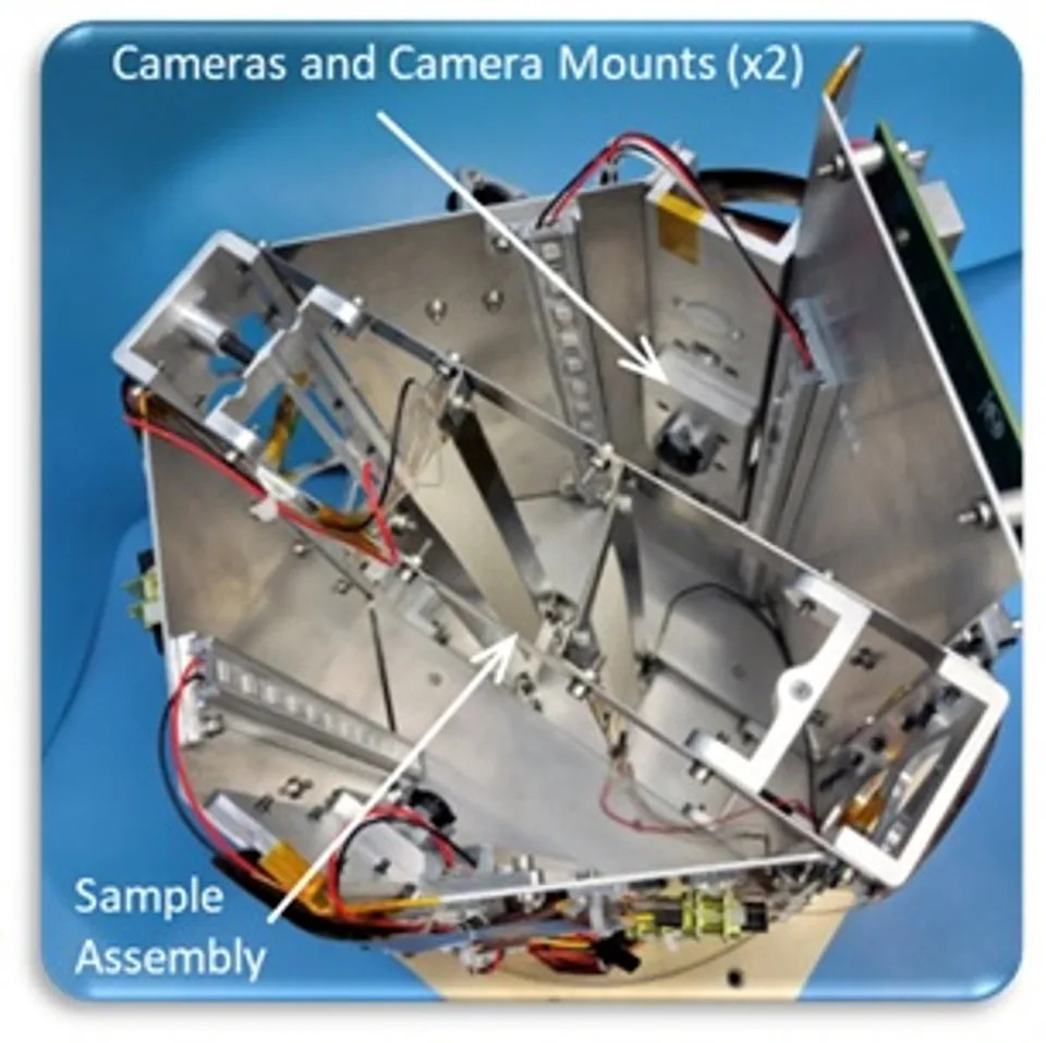 An internal view of shows the engineering hardware for the combustion chamber, including the cameras that will record how the fire behaves (NASA)