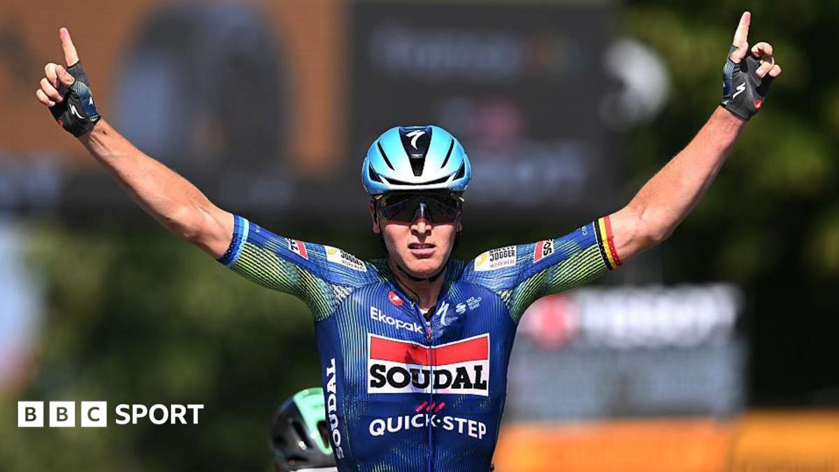 Tim Merlier celebrates winning stage eight of the 2026 Tour de France
