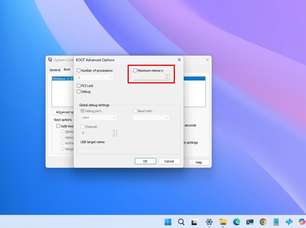 Windows 11 desktop with System Configuration opened in the Boot Advanced Options and Maximum memory disabled.