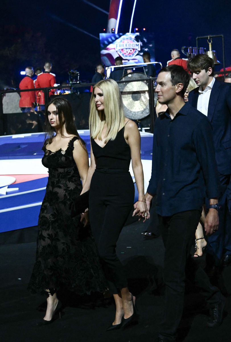 Ivanka Trump wore a sleek sleeveless black jumpsuit while Arabella Rose Kushner opted for a romantic floral lace dress at the historic White House UFC event.